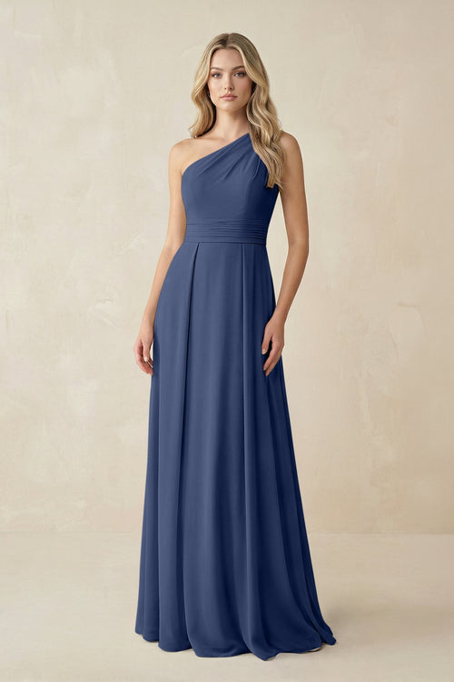 One - Shoulder A - Line Chiffon Bridesmaid Dress in Navy - KissProm Bridesmaid Dresses
