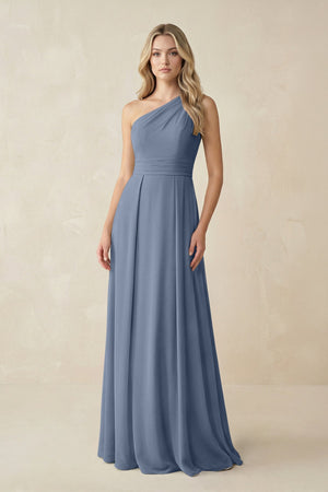 One - Shoulder A - Line Chiffon Bridesmaid Dress in Neptune - KissProm Bridesmaid Dresses