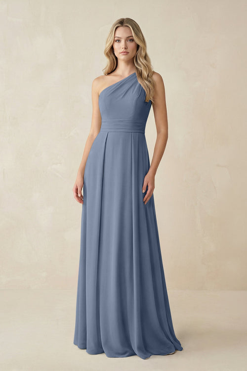 One - Shoulder A - Line Chiffon Bridesmaid Dress in Neptune - KissProm Bridesmaid Dresses