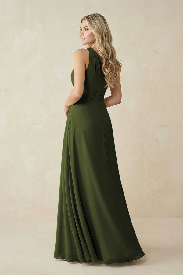 One - Shoulder A - Line Chiffon Bridesmaid Dress in Olive - KissProm Bridesmaid Dresses