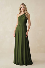 One - Shoulder A - Line Chiffon Bridesmaid Dress in Olive - KissProm Bridesmaid Dresses