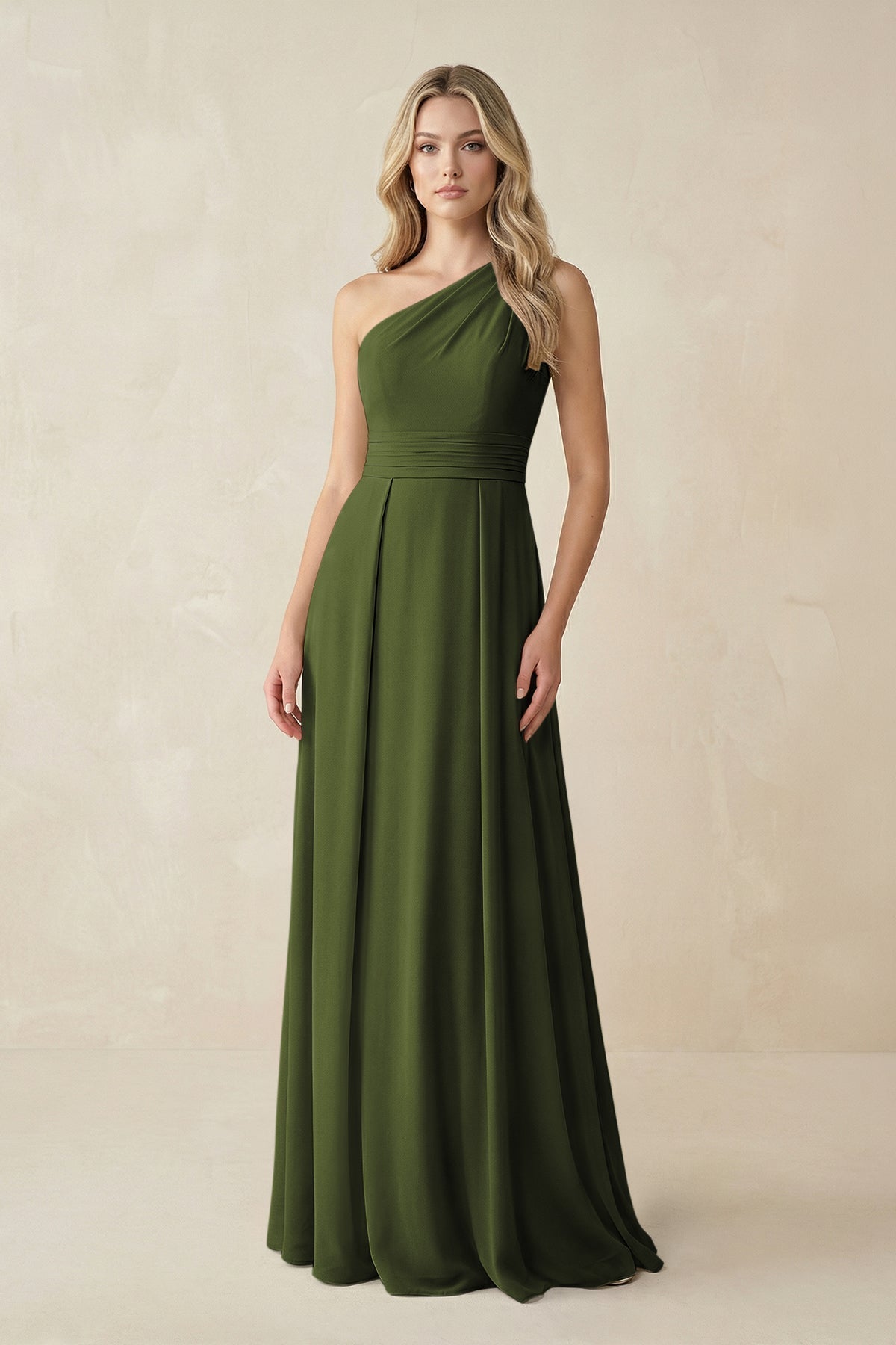 KissProm One-Shoulder A-Line Chiffon Bridesmaid Dress in Olive, Olive / 14