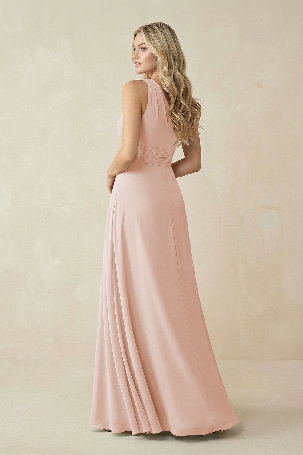 One - Shoulder A - Line Chiffon Bridesmaid Dress in Pale Blush - KissProm Bridesmaid Dresses