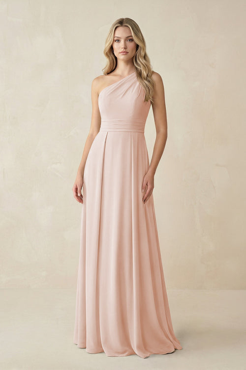 One - Shoulder A - Line Chiffon Bridesmaid Dress in Pale Blush - KissProm Bridesmaid Dresses