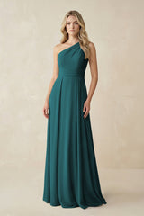 One - Shoulder A - Line Chiffon Bridesmaid Dress in Pine - KissProm Bridesmaid Dresses