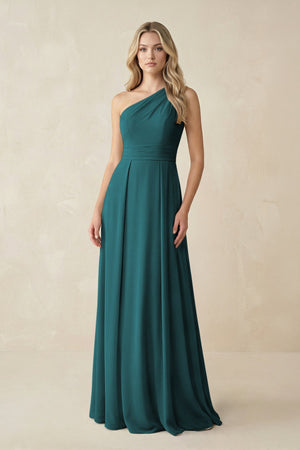 One - Shoulder A - Line Chiffon Bridesmaid Dress in Pine - KissProm Bridesmaid Dresses