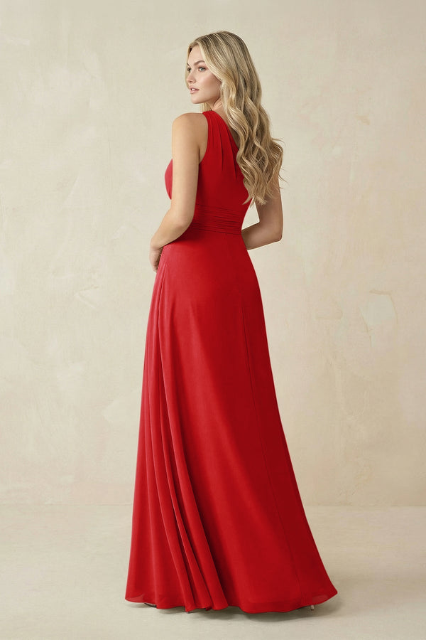 One - Shoulder A - Line Chiffon Bridesmaid Dress in Ruby Red - KissProm Bridesmaid Dresses