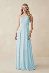 One - Shoulder A - Line Chiffon Bridesmaid Dress in Sky Blue - KissProm Bridesmaid Dresses