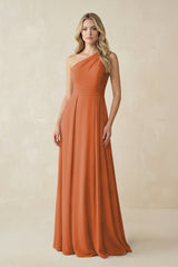 One - Shoulder A - Line Chiffon Bridesmaid Dress in Terracotta - KissProm Bridesmaid Dresses