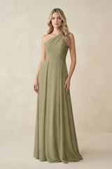 One - Shoulder A - Line Chiffon Bridesmaid Dress in Thyme - KissProm Bridesmaid Dresses