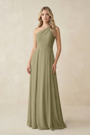 One - Shoulder A - Line Chiffon Bridesmaid Dress in Thyme - KissProm Bridesmaid Dresses