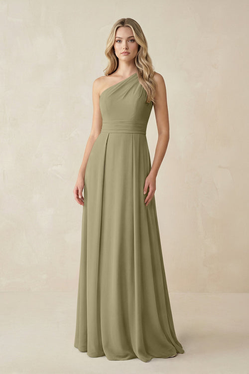 One - Shoulder A - Line Chiffon Bridesmaid Dress in Thyme - KissProm Bridesmaid Dresses