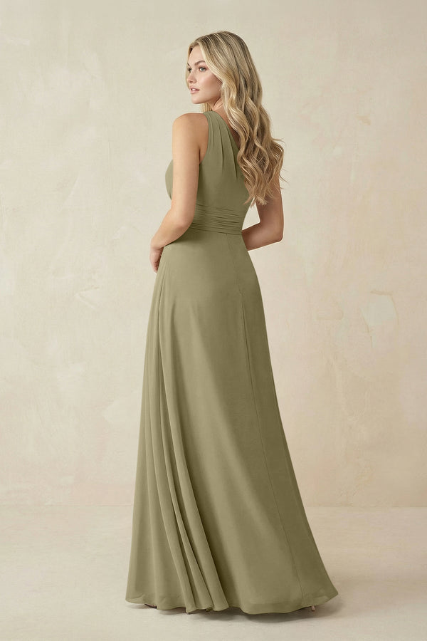One - Shoulder A - Line Chiffon Bridesmaid Dress in Thyme - KissProm Bridesmaid Dresses