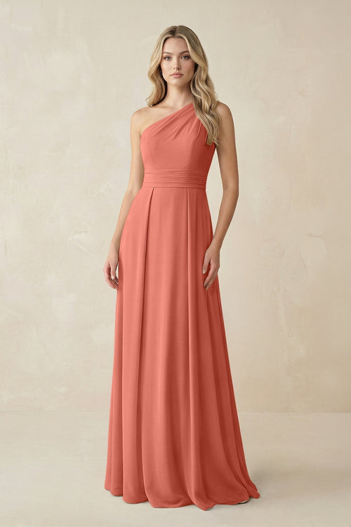 One - Shoulder A - Line Chiffon Bridesmaid Dress in Wild Rose - KissProm Bridesmaid Dresses