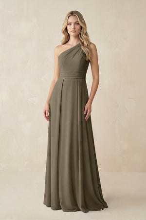 One - Shoulder A - Line Chiffon Bridesmaid Dress in Willow Green - KissProm Bridesmaid Dresses