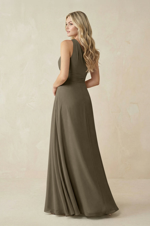 One - Shoulder A - Line Chiffon Bridesmaid Dress in Willow Green - KissProm Bridesmaid Dresses