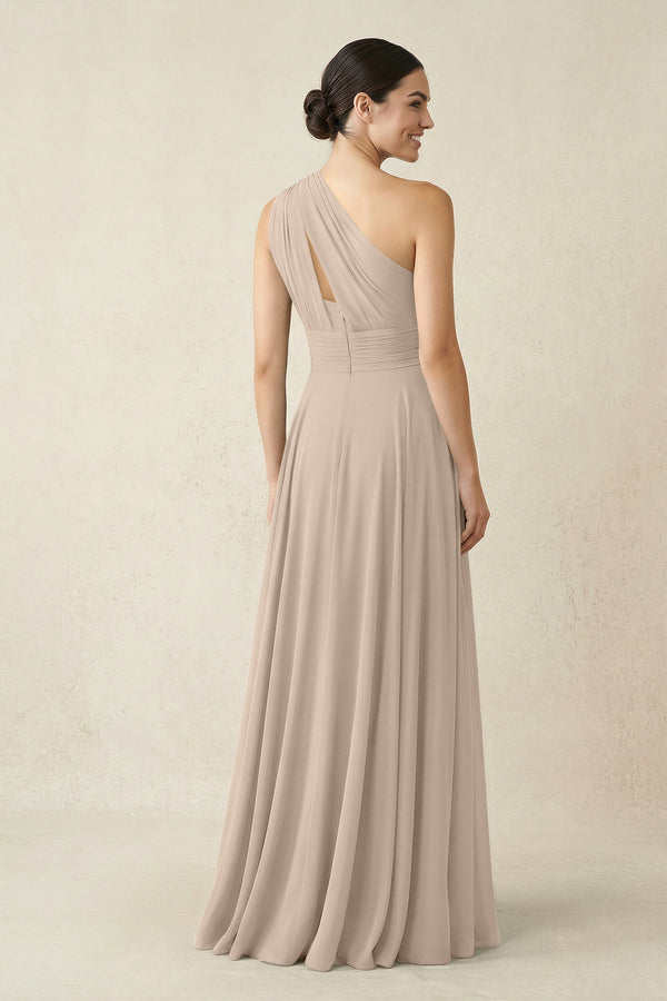 One - Shoulder A - Line Pleated Chiffon Bridesmaid Dress in Almond - KissProm Bridesmaid Dresses