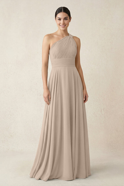 One - Shoulder A - Line Pleated Chiffon Bridesmaid Dress in Almond - KissProm Bridesmaid Dresses