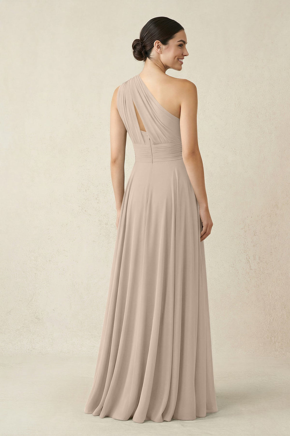 One - Shoulder A - Line Pleated Chiffon Bridesmaid Dress in Almond - KissProm Bridesmaid Dresses