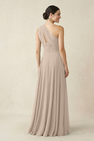 One - Shoulder A - Line Pleated Chiffon Bridesmaid Dress in Almond - KissProm Bridesmaid Dresses