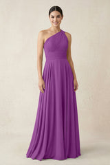 One - Shoulder A - Line Pleated Chiffon Bridesmaid Dress in Amethyst - KissProm Bridesmaid Dresses