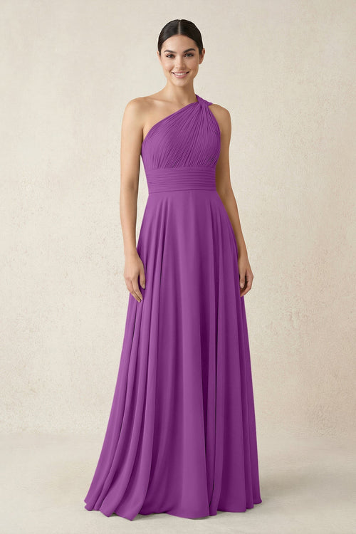 One - Shoulder A - Line Pleated Chiffon Bridesmaid Dress in Amethyst - KissProm Bridesmaid Dresses