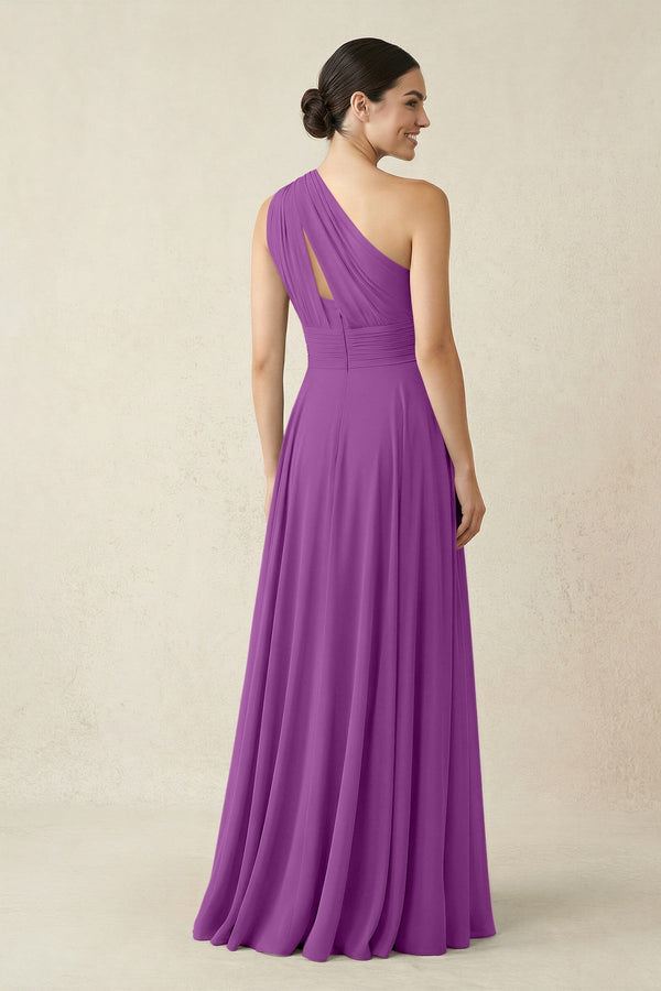 One - Shoulder A - Line Pleated Chiffon Bridesmaid Dress in Amethyst - KissProm Bridesmaid Dresses