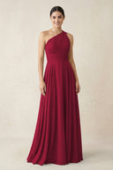 One - Shoulder A - Line Pleated Chiffon Bridesmaid Dress in Berry - KissProm Bridesmaid Dresses