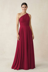 One - Shoulder A - Line Pleated Chiffon Bridesmaid Dress in Berry - KissProm Bridesmaid Dresses