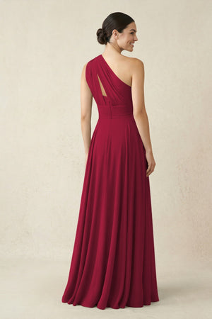 One - Shoulder A - Line Pleated Chiffon Bridesmaid Dress in Berry - KissProm Bridesmaid Dresses