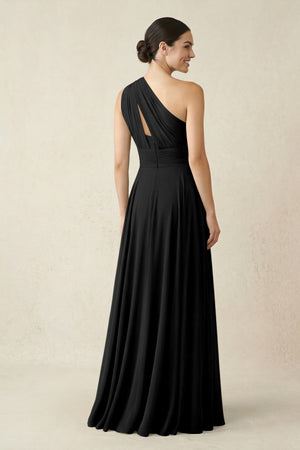One - Shoulder A - Line Pleated Chiffon Bridesmaid Dress in Black - KissProm Bridesmaid Dresses