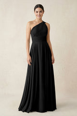 One - Shoulder A - Line Pleated Chiffon Bridesmaid Dress in Black - KissProm Bridesmaid Dresses