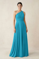 One - Shoulder A - Line Pleated Chiffon Bridesmaid Dress in Blue Jay - KissProm Bridesmaid Dresses