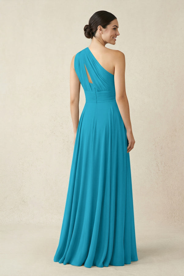 One - Shoulder A - Line Pleated Chiffon Bridesmaid Dress in Blue Jay - KissProm Bridesmaid Dresses