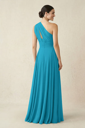 One - Shoulder A - Line Pleated Chiffon Bridesmaid Dress in Blue Jay - KissProm Bridesmaid Dresses