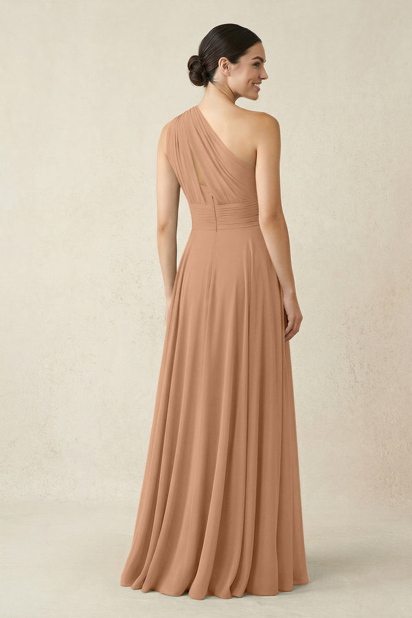 One - Shoulder A - Line Pleated Chiffon Bridesmaid Dress in Bronzer - KissProm Bridesmaid Dresses
