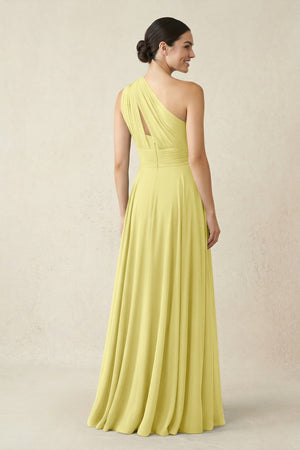 One - Shoulder A - Line Pleated Chiffon Bridesmaid Dress in Buttercup - KissProm Bridesmaid Dresses