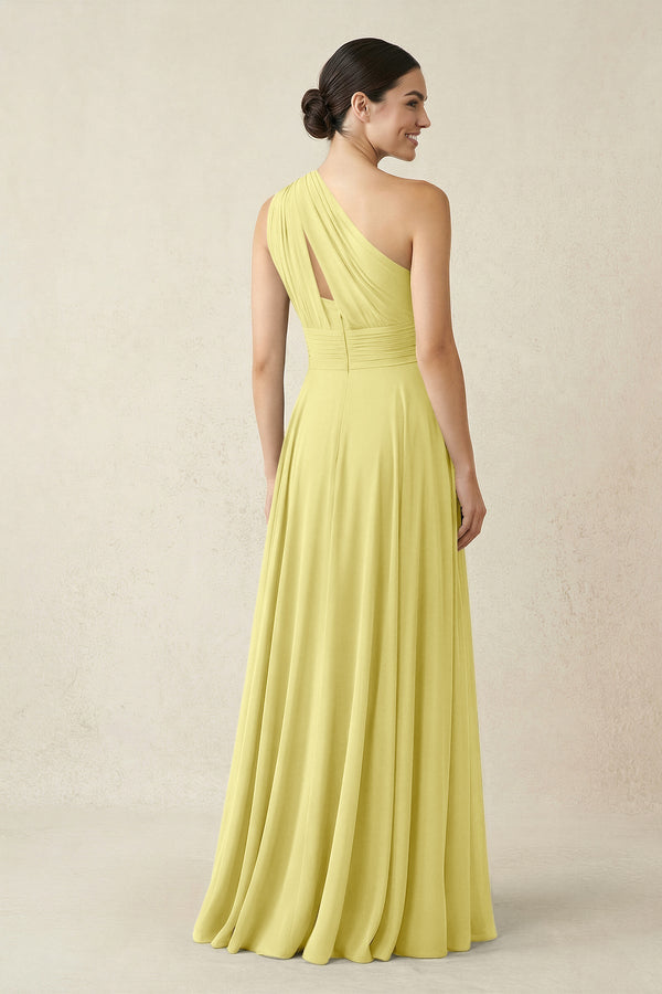 One - Shoulder A - Line Pleated Chiffon Bridesmaid Dress in Buttercup - KissProm Bridesmaid Dresses