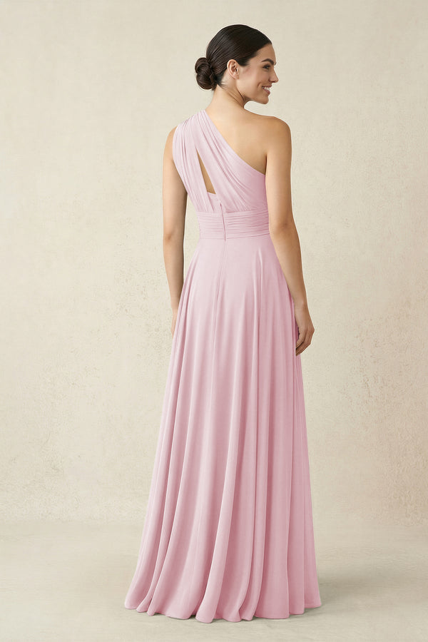 One - Shoulder A - Line Pleated Chiffon Bridesmaid Dress in Candy Pink - KissProm Bridesmaid Dresses