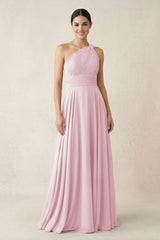 One - Shoulder A - Line Pleated Chiffon Bridesmaid Dress in Candy Pink - KissProm Bridesmaid Dresses