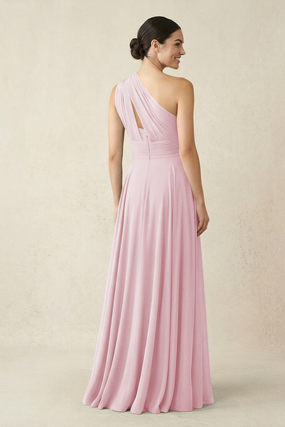 One - Shoulder A - Line Pleated Chiffon Bridesmaid Dress in Candy Pink - KissProm Bridesmaid Dresses