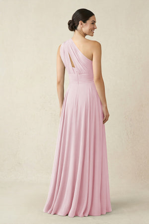 One - Shoulder A - Line Pleated Chiffon Bridesmaid Dress in Candy Pink - KissProm Bridesmaid Dresses