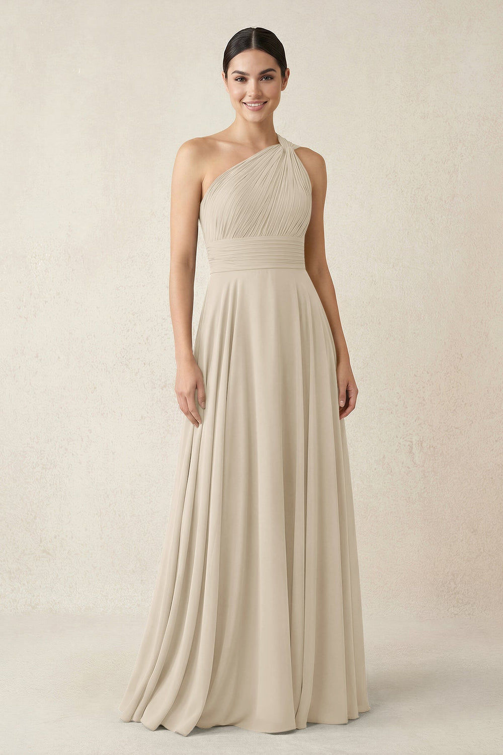 One - Shoulder A - Line Pleated Chiffon Bridesmaid Dress in Champagne - KissProm Bridesmaid Dresses