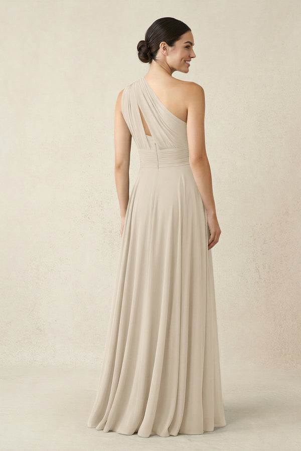 One - Shoulder A - Line Pleated Chiffon Bridesmaid Dress in Champagne - KissProm Bridesmaid Dresses