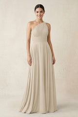 One - Shoulder A - Line Pleated Chiffon Bridesmaid Dress in Champagne - KissProm Bridesmaid Dresses