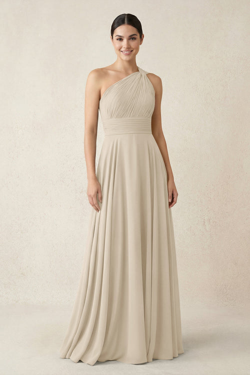 One - Shoulder A - Line Pleated Chiffon Bridesmaid Dress in Champagne - KissProm Bridesmaid Dresses