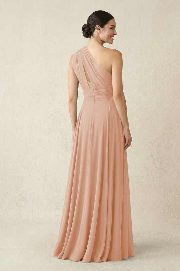 One - Shoulder A - Line Pleated Chiffon Bridesmaid Dress in Champagne Rose - KissProm Bridesmaid Dresses