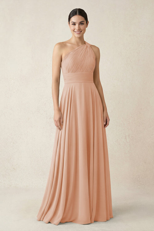 One - Shoulder A - Line Pleated Chiffon Bridesmaid Dress in Champagne Rose - KissProm Bridesmaid Dresses
