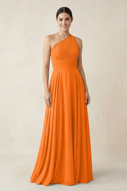 One - Shoulder A - Line Pleated Chiffon Bridesmaid Dress in Cinnamon - KissProm Bridesmaid Dresses
