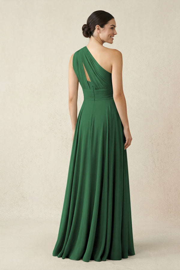 One - Shoulder A - Line Pleated Chiffon Bridesmaid Dress in Dark Green - KissProm Bridesmaid Dresses